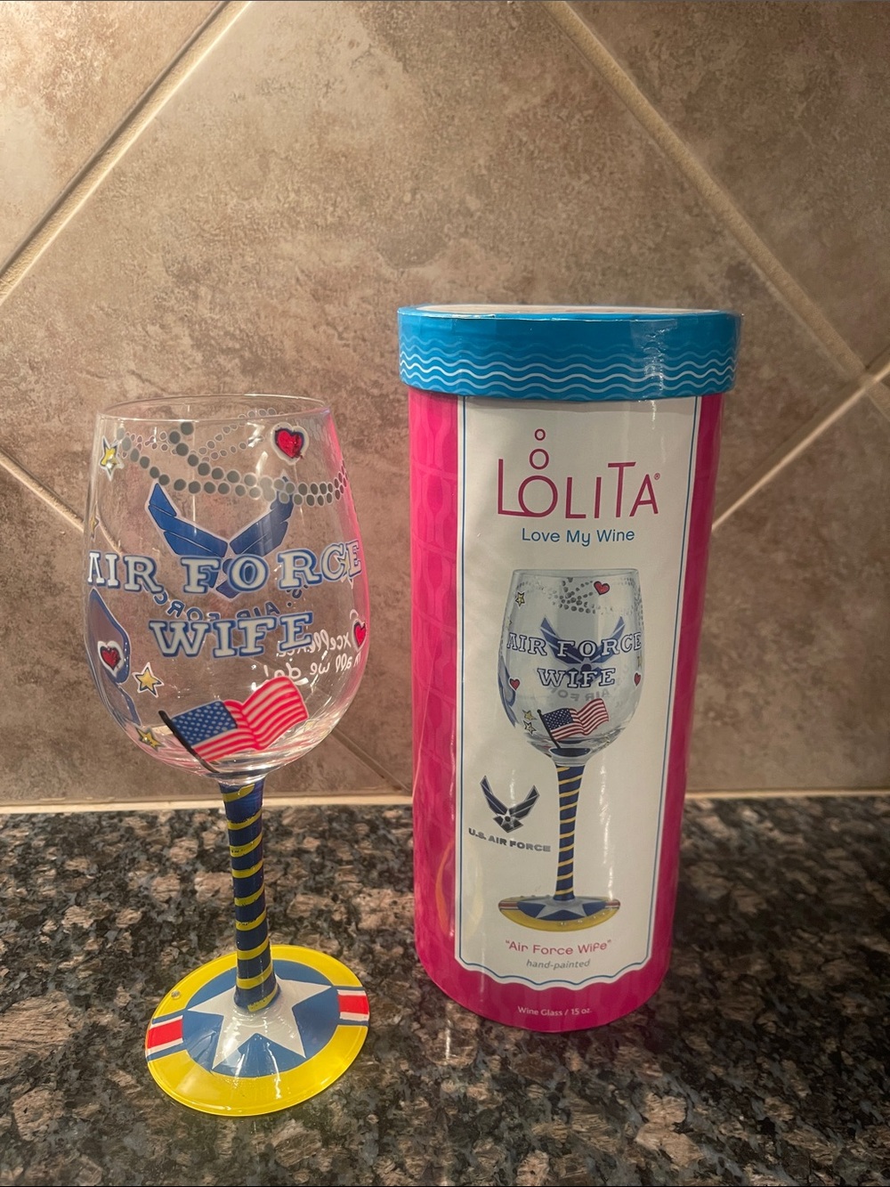 Lolita Air Force Wife Hand-Painted Wine Glass in Blue, Yellow & Red